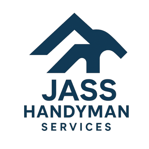 Blue and white logo for Jass Handyman Services with stylized mountain-like design